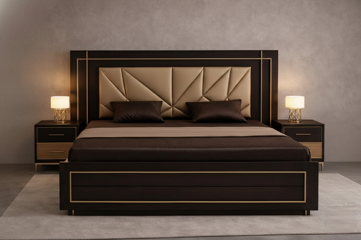Luxury Kynto Gold-Inlay Bed in Charcoal and Gold by Turtle Vine Interiors.