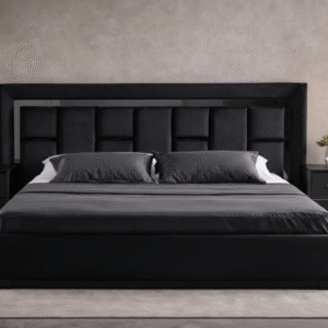 Luxury Vespera Gridded Bed in Charcoal Noir by Turtle Vine Interiors