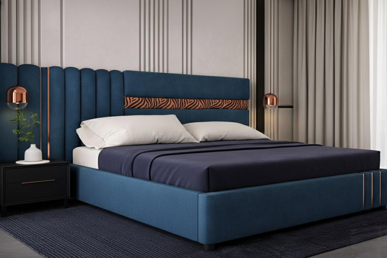 Luxury Azura Midnight Upholstered Bed in Blue Suede with Copper Inlays by Turtle Vine Interiors.