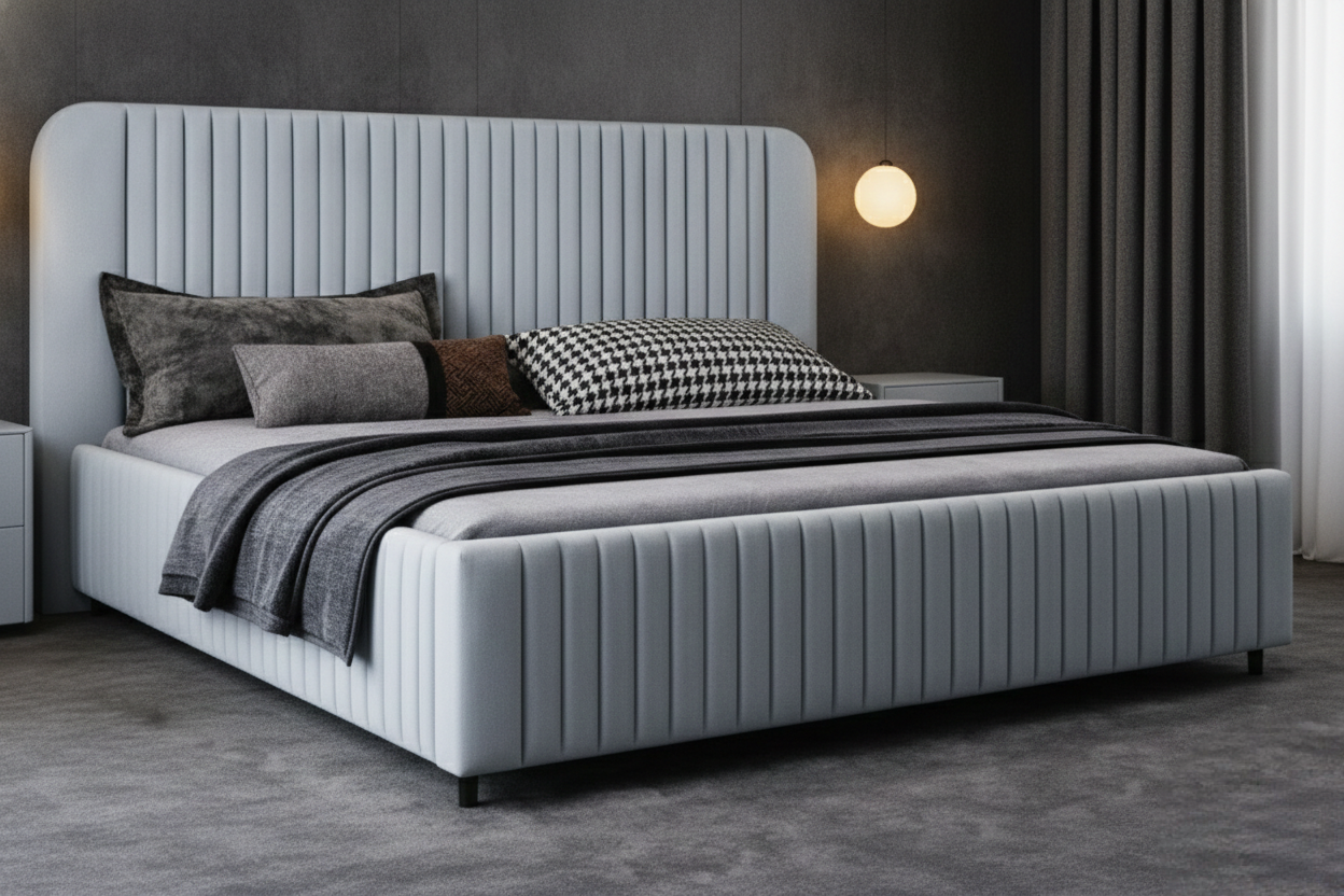 Luxury Aurelius Ribbed Velvet Bed in Cloud Grey by Turtle Vine Interiors