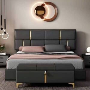 Luxury Vespera Gold-Inlay Bed in Charcoal Grey by Turtle Vine Interiors.