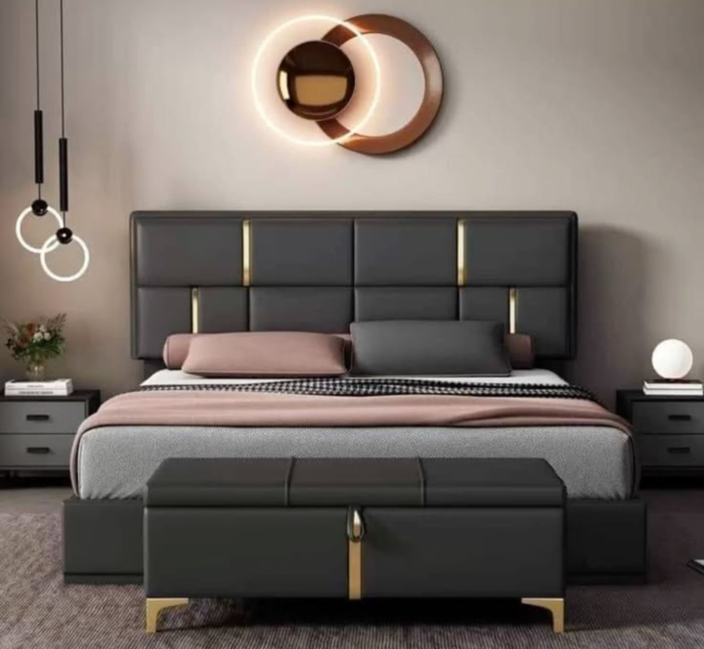 Luxury Vespera Gold-Inlay Bed in Charcoal Grey by Turtle Vine Interiors.
