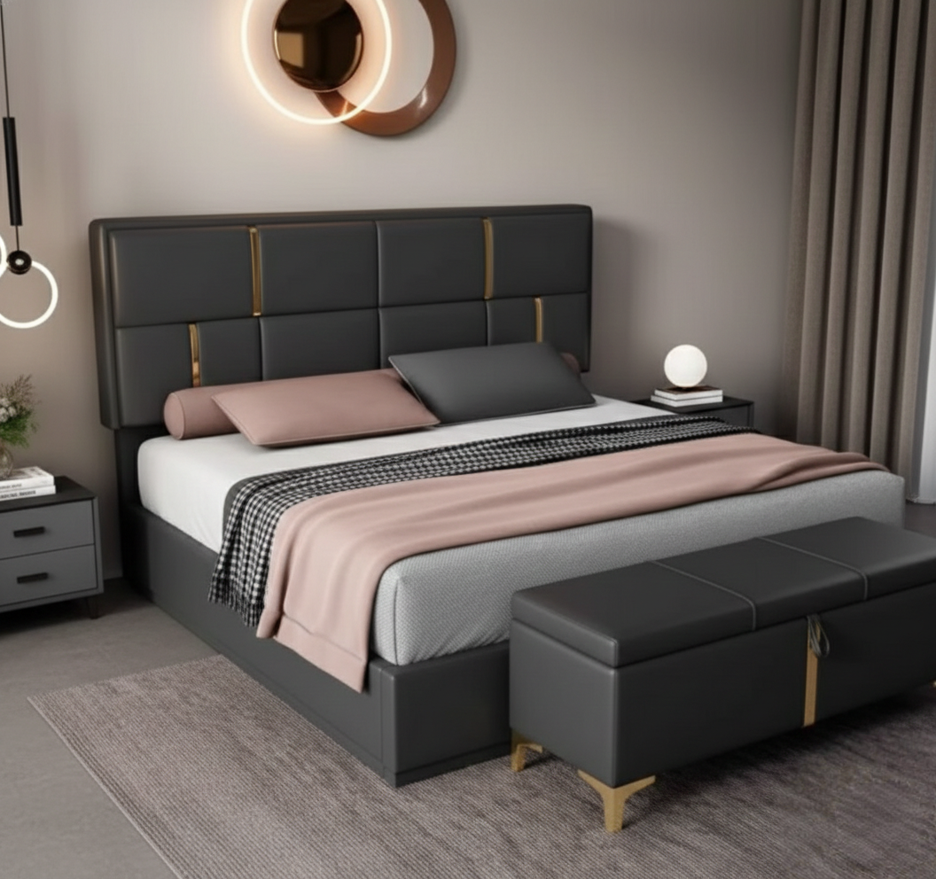 Luxury Vespera Gold-Inlay Bed in Charcoal Grey by Turtle Vine Interiors.