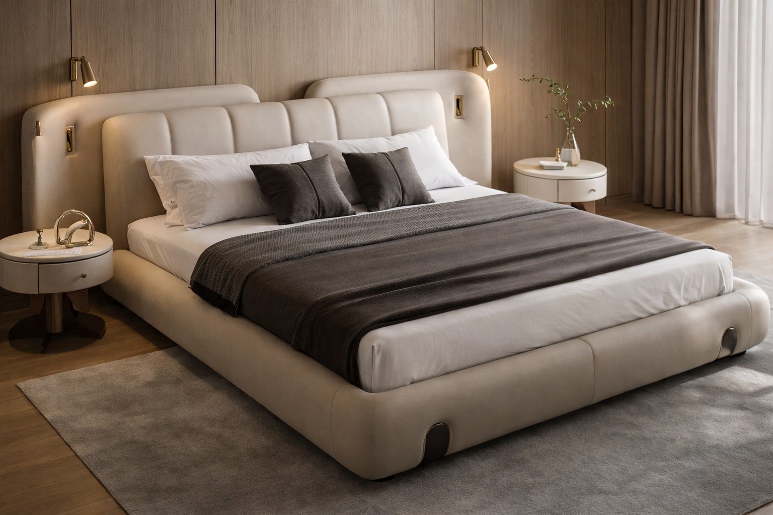 Luxury Levante Floating Bed in Warm Ivory with integrated lights by Turtle Vine Interiors.