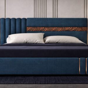 Luxury Azura Midnight Upholstered Bed in Blue Suede with Copper Inlays by Turtle Vine Interiors.