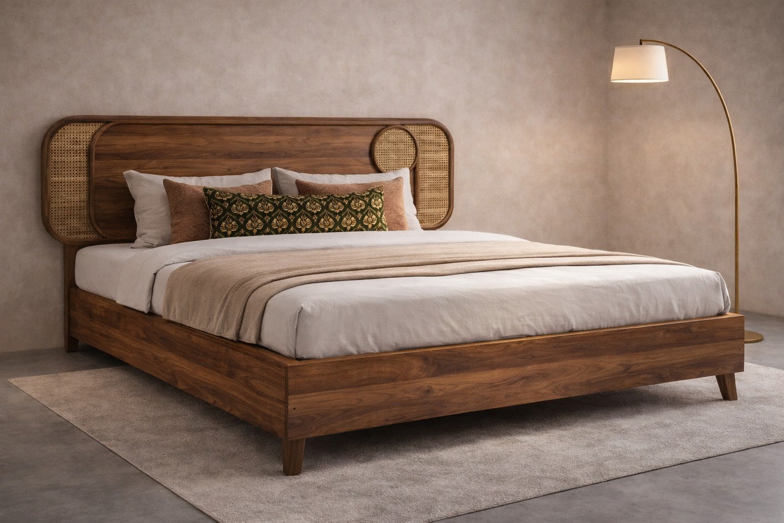 Luxury Aurelius Rattan Inlay Bed in Walnut Finish by Turtle Vine Interiors
