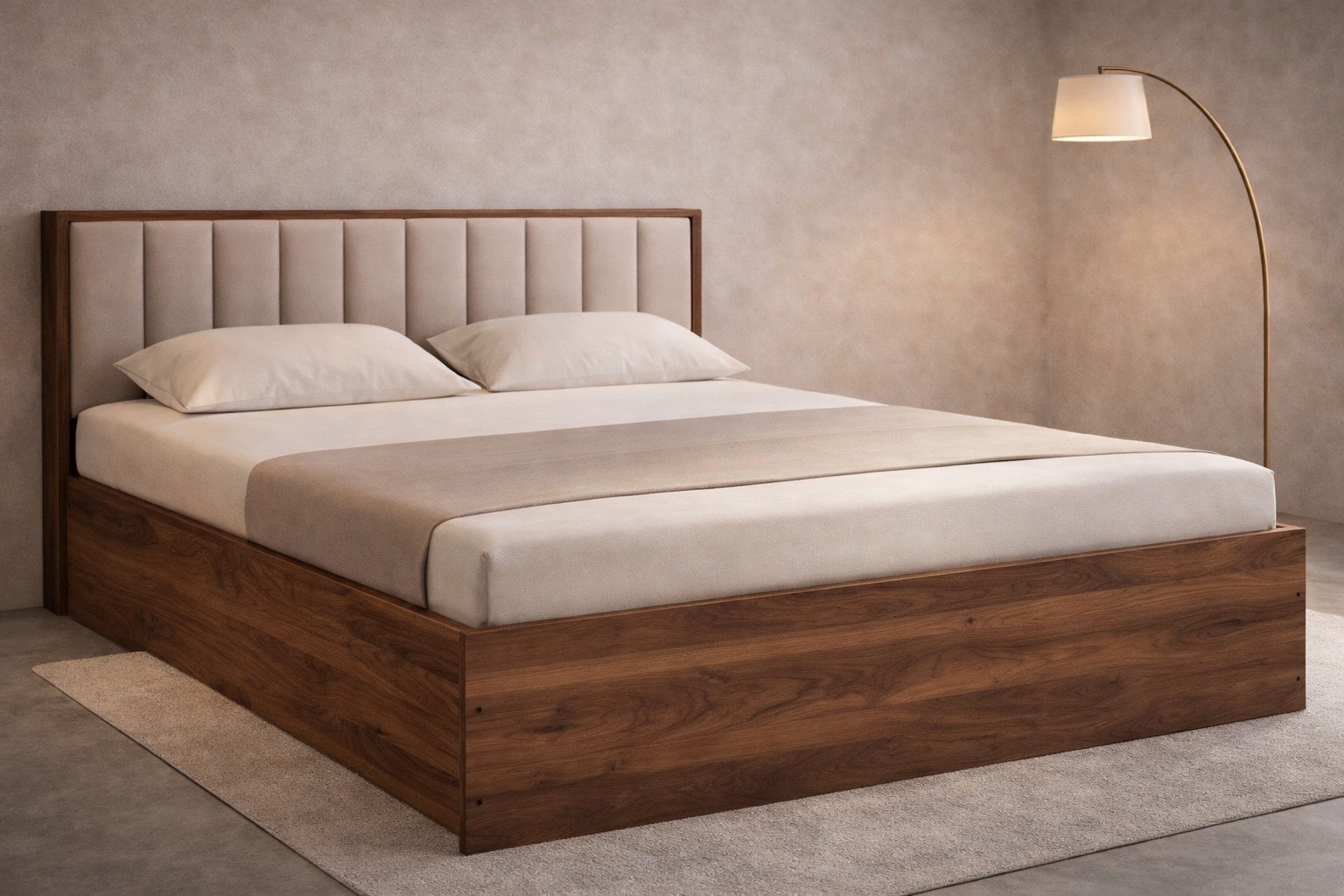 Luxury Rowan Fluted Platform Bed in Sand Beige by Turtle Vine Interiors.
