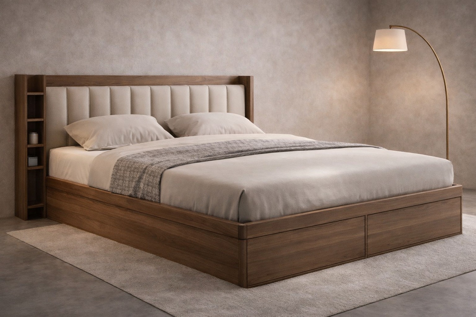 Luxury Valen Storied Bed in Walnut and Sand Beige by Turtle Vine Interiors