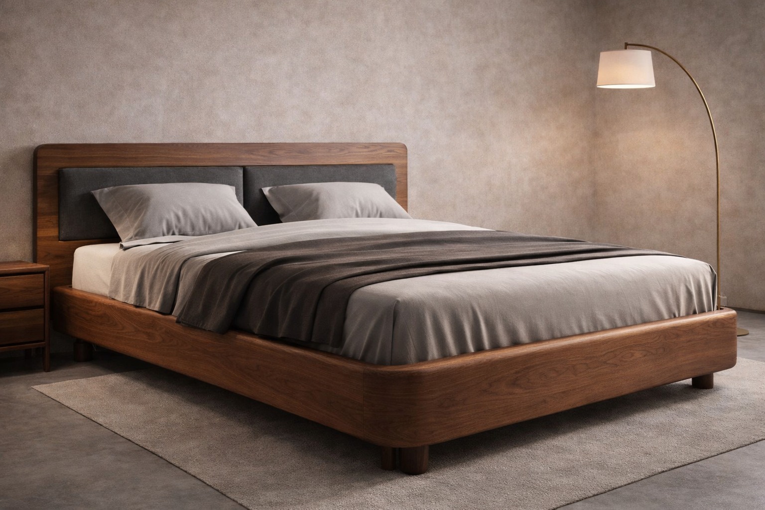Luxury Arlo Radius Platform Bed in Walnut and Charcoal by Turtle Vine Interiors