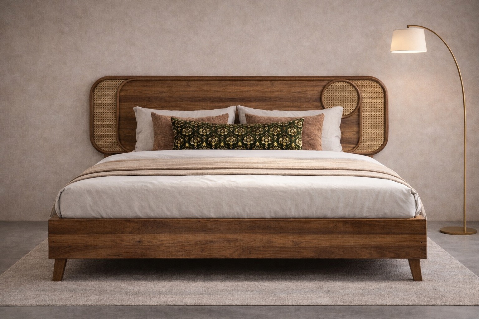 Luxury Aurelius Rattan Inlay Bed in Walnut Finish by Turtle Vine Interiors