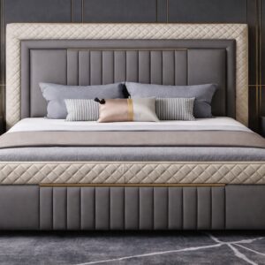 Luxury Vittoria Quilted Mansion Bed in Charcoal and Cream by Turtle Vine Interiors.