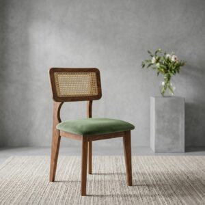 Modern wooden dining chair featuring a hand-woven rattan cane backrest, solid teak-finish frame, and a cushioned moss green velvet seat on a textured rug.