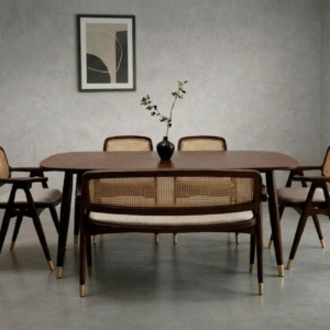 Luxury Aranya Mid-Century Dining Table in Walnut finish by Turtle Vine Interiors.