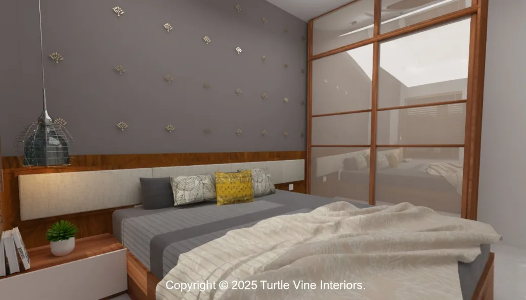 Grey-themed apartment bedroom in Kulathoor, Trivandrum with a gold motif feature wall and pendant lighting