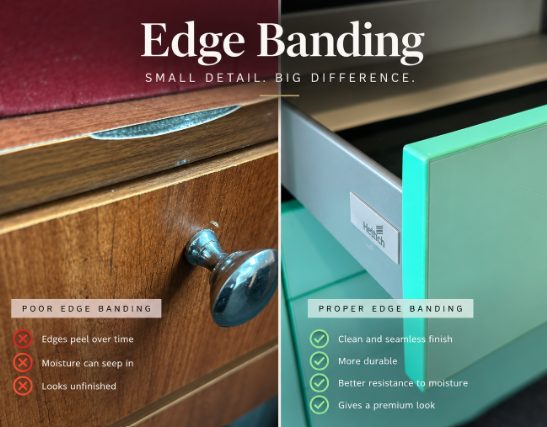 Comparison of poor and proper edge banding on furniture, the detail that keeps moisture out in a humid climate